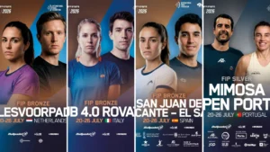 Four-panel promotional collage for 2026 International Padel events featuring paired players and color blocks with country flags and dates.