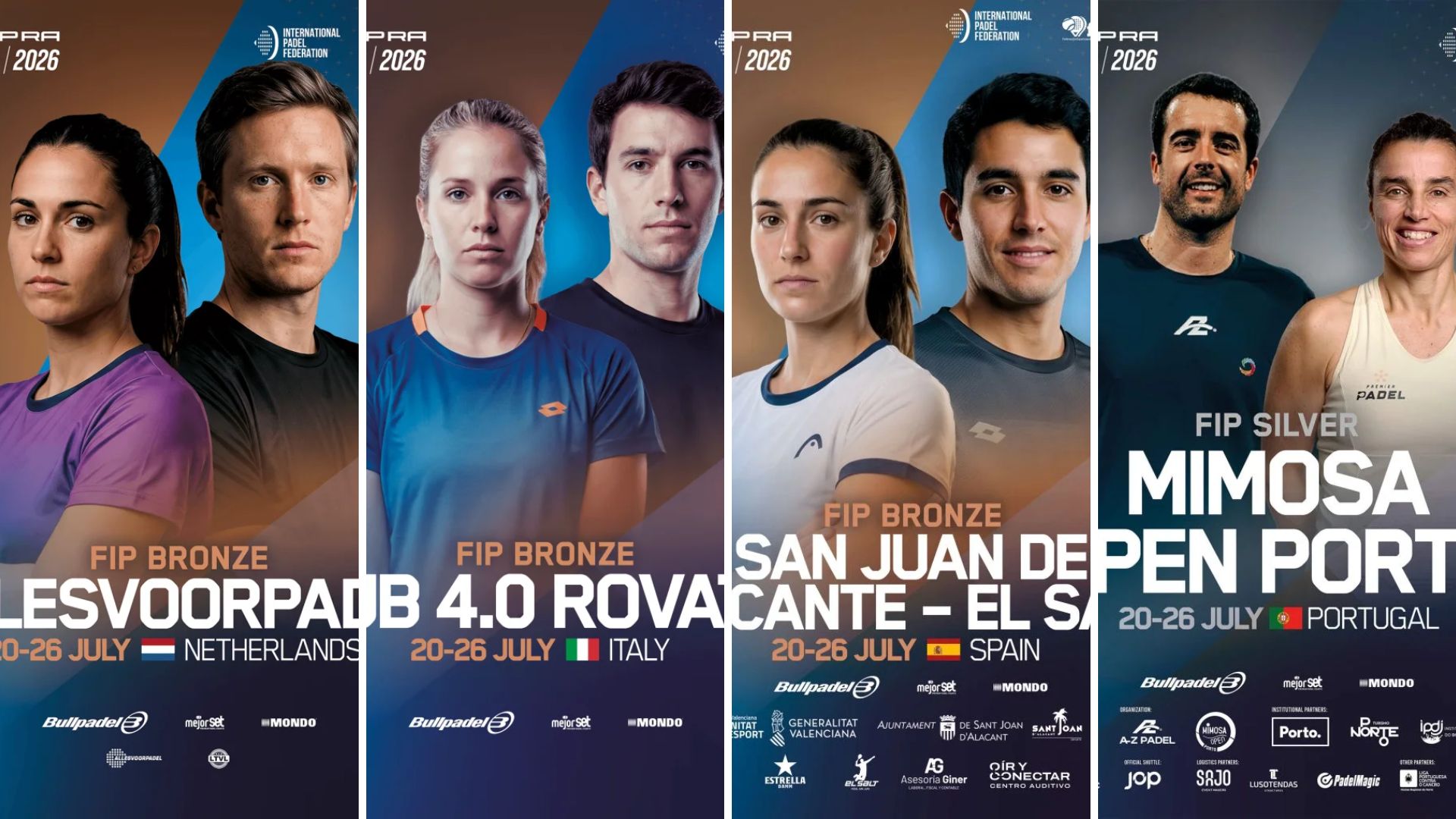 Four-panel promotional collage for 2026 International Padel events featuring paired players and color blocks with country flags and dates.