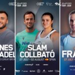 FIP Tour une forte présence française entre Barcelone Jersey et Frascati | Padel Magazine Triptych poster for Cupra Padel Tour 2026 showing three pairs of players with dates and country flags at the bottom.