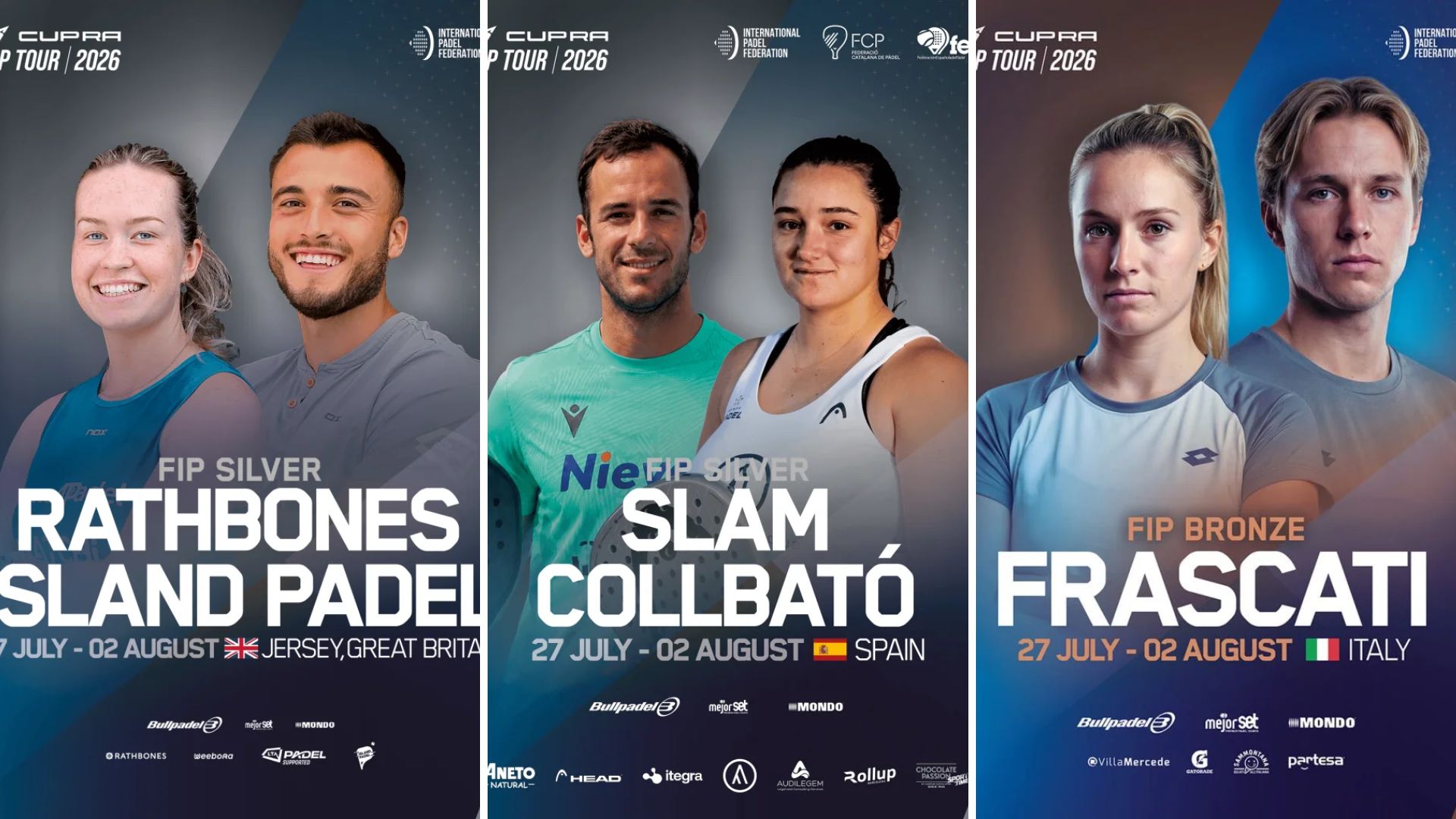 Triptych poster for Cupra Padel Tour 2026 showing three pairs of players with dates and country flags at the bottom.