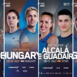 Collage of four promotional posters for a paddle event, each featuring an athlete and event details (dates and country).