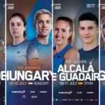 Collage of four promotional posters for a paddle event, each featuring an athlete and event details (dates and country).
