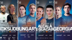 Collage of four promotional posters for a paddle event, each featuring an athlete and event details (dates and country).