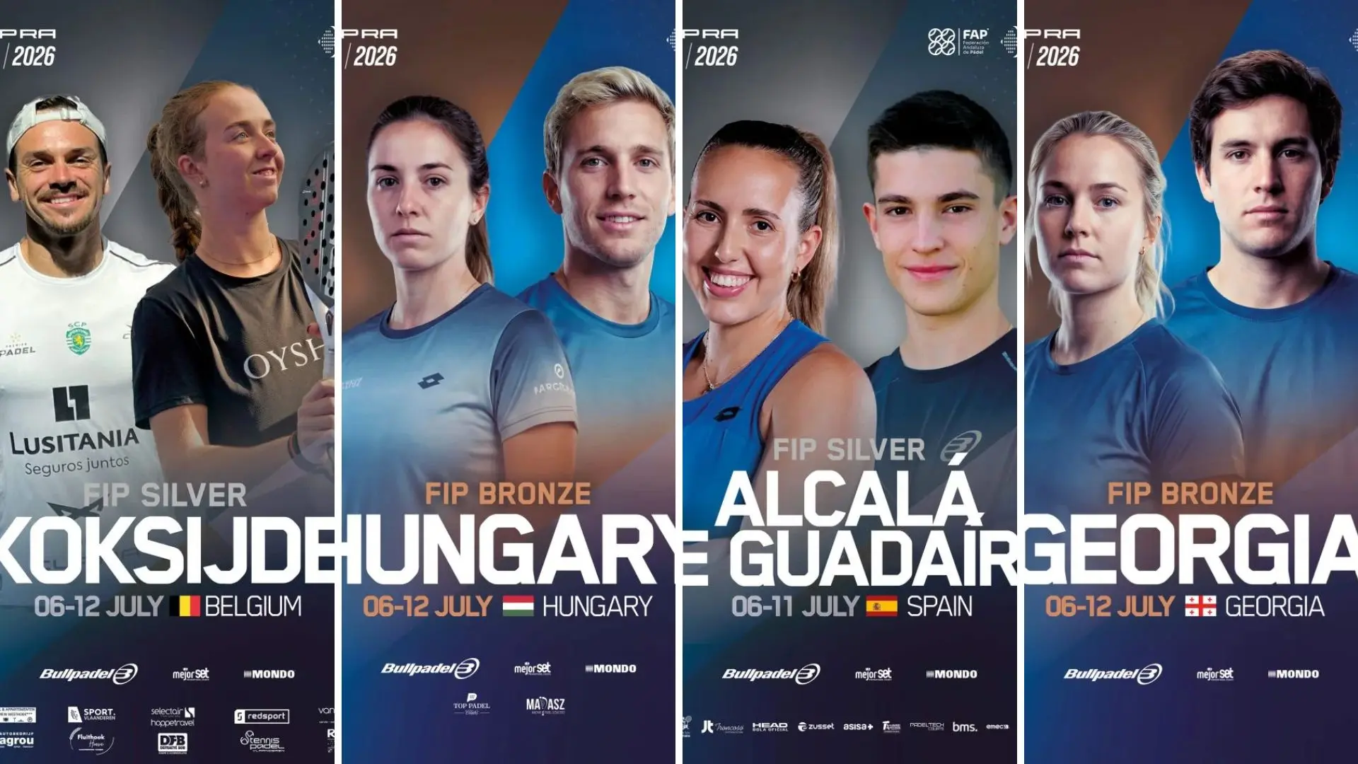 Collage of four promotional posters for a paddle event, each featuring an athlete and event details (dates and country).
