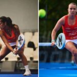 Two female padel players in red tops preparing to hit the ball, one indoors (left) and one outdoors (right).