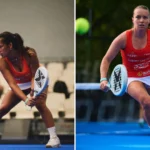 Two female padel players in red tops preparing to hit the ball, one indoors (left) and one outdoors (right).