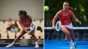 Two female padel players in red tops preparing to hit the ball, one indoors (left) and one outdoors (right).