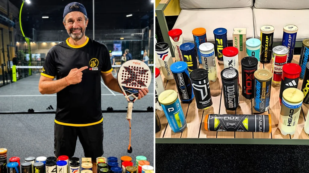Man in black and yellow shirt holding a padel paddle on an indoor court, smiling at the camera.