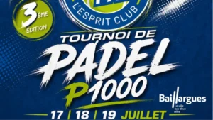 Blue tournament poster for Padel 1000, dates 17–19 July, Bailarques city logo, 3ème édition.
