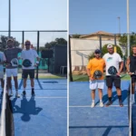 P1000 baillargues demies | Padel Magazine Five men stand on a blue paddle tennis court with paddles, posing for a photo beside the net (left panel).