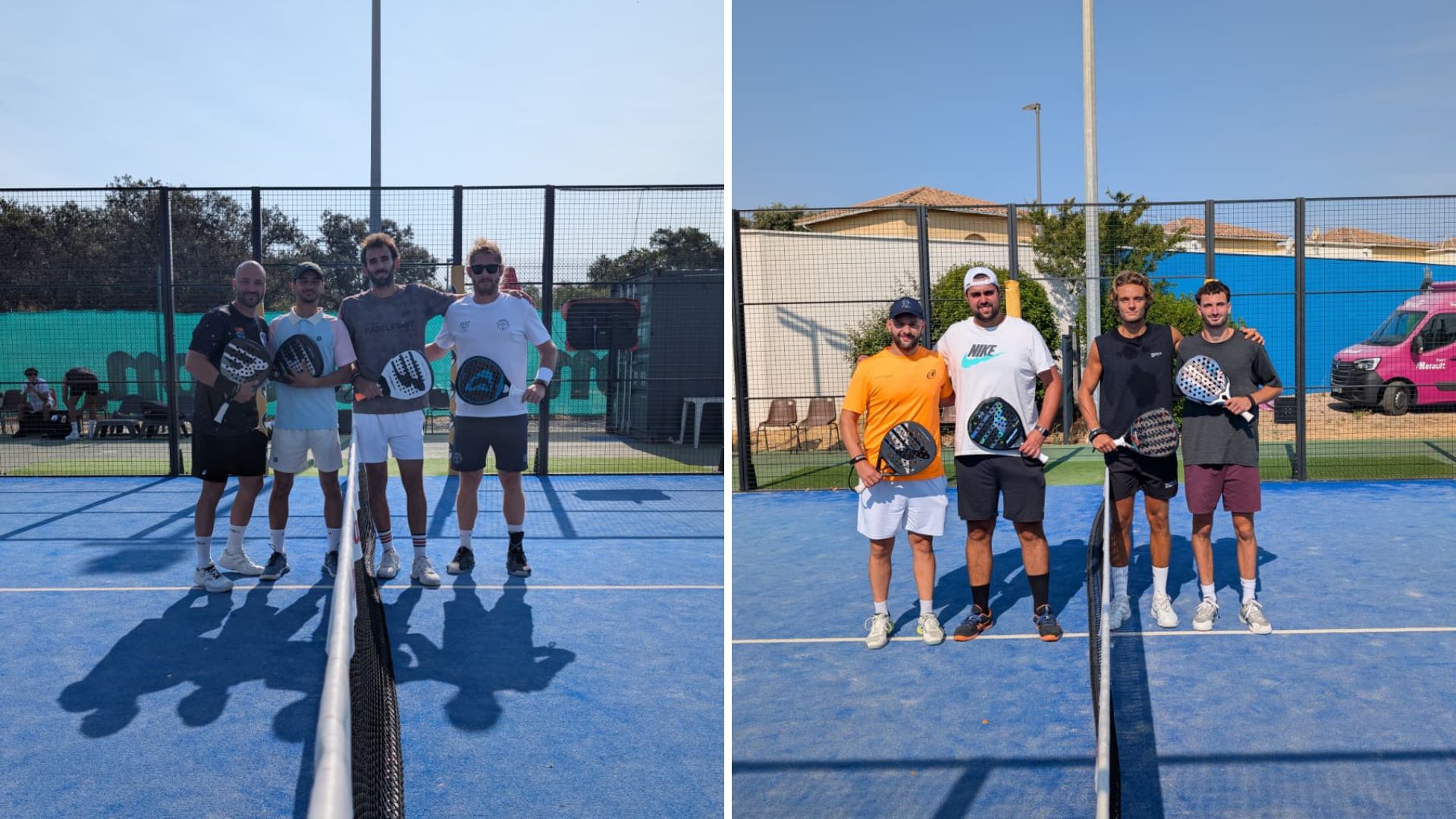P1000 baillargues demies | Padel Magazine Five men stand on a blue paddle tennis court with paddles, posing for a photo beside the net (left panel).