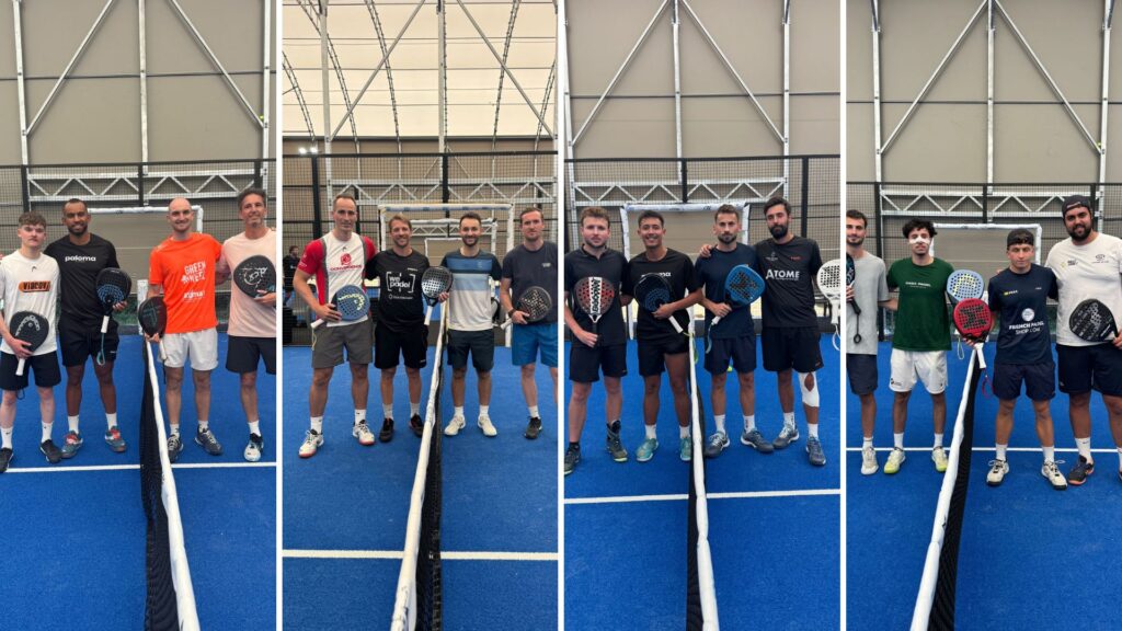 Group of people standing on a blue indoor padel court, holding paddles and smiling for a team photo collage.