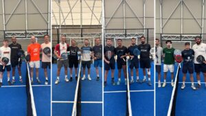 Group of people standing on a blue indoor padel court, holding paddles and smiling for a team photo collage.