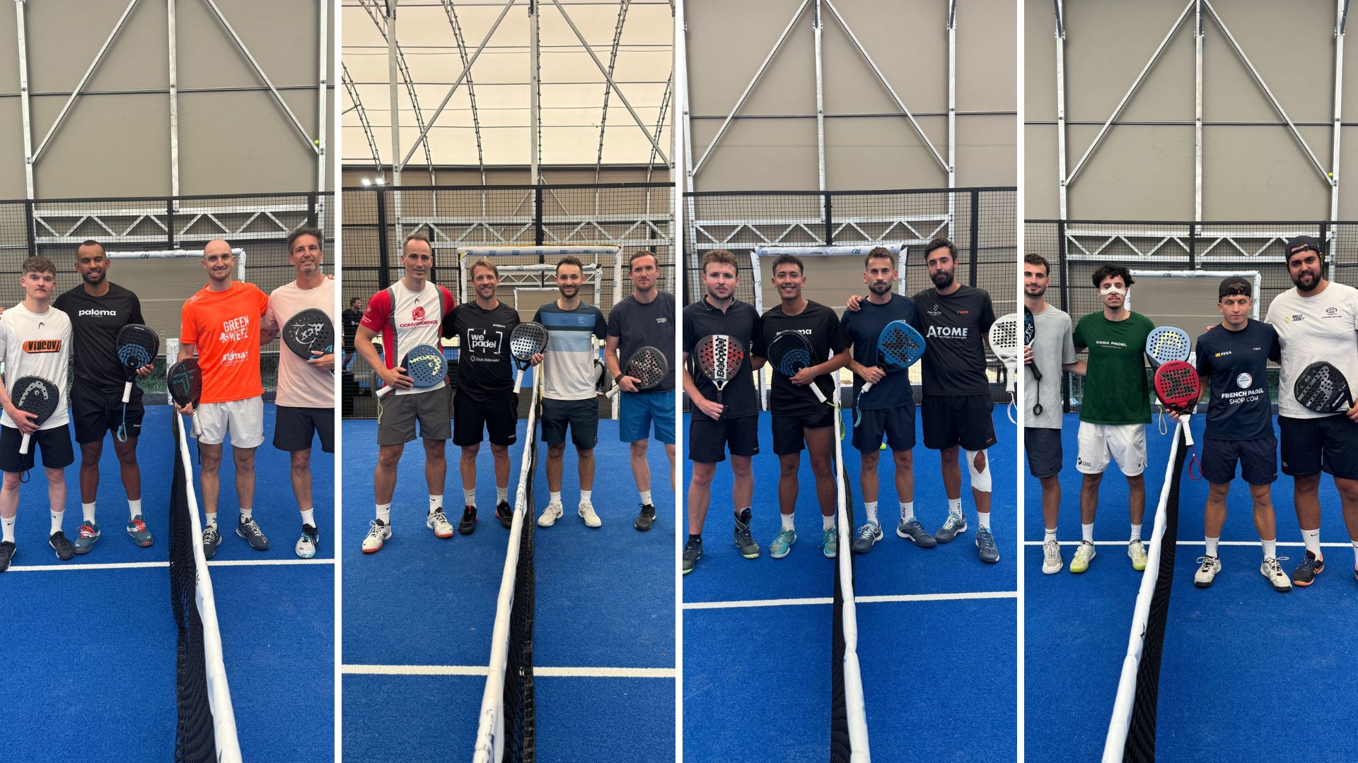 P1000 lesigny | Padel Magazine Group of people standing on a blue indoor padel court, holding paddles and smiling for a team photo collage.