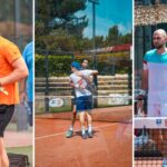 P2000 8es winwin padel 1 | Padel Magazine Three-panel collage of outdoor padel players: left panel shows a man in an orange shirt holding a padel racket near a fence; middle panel features two players embracing on a clay court by the net; right panel shows two players standing with rackets by the net, ready for play.