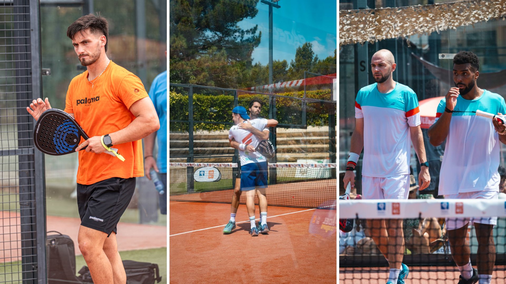 Three-panel collage of outdoor padel players: left panel shows a man in an orange shirt holding a padel racket near a fence; middle panel features two players embracing on a clay court by the net; right panel shows two players standing with rackets by the net, ready for play.