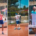 Triptych of tennis players on a clay court: left panel two women with rackets chatting, center panel two men embracing near the net, right panel two men standing by the net with rackets.