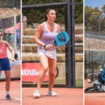 P2000 8es winwin padel 3 | Padel Magazine Two female padel players walk on a red outdoor court with rackets; one wears a lavender top and black skirt, the other a pink top and blue shorts (facing away).