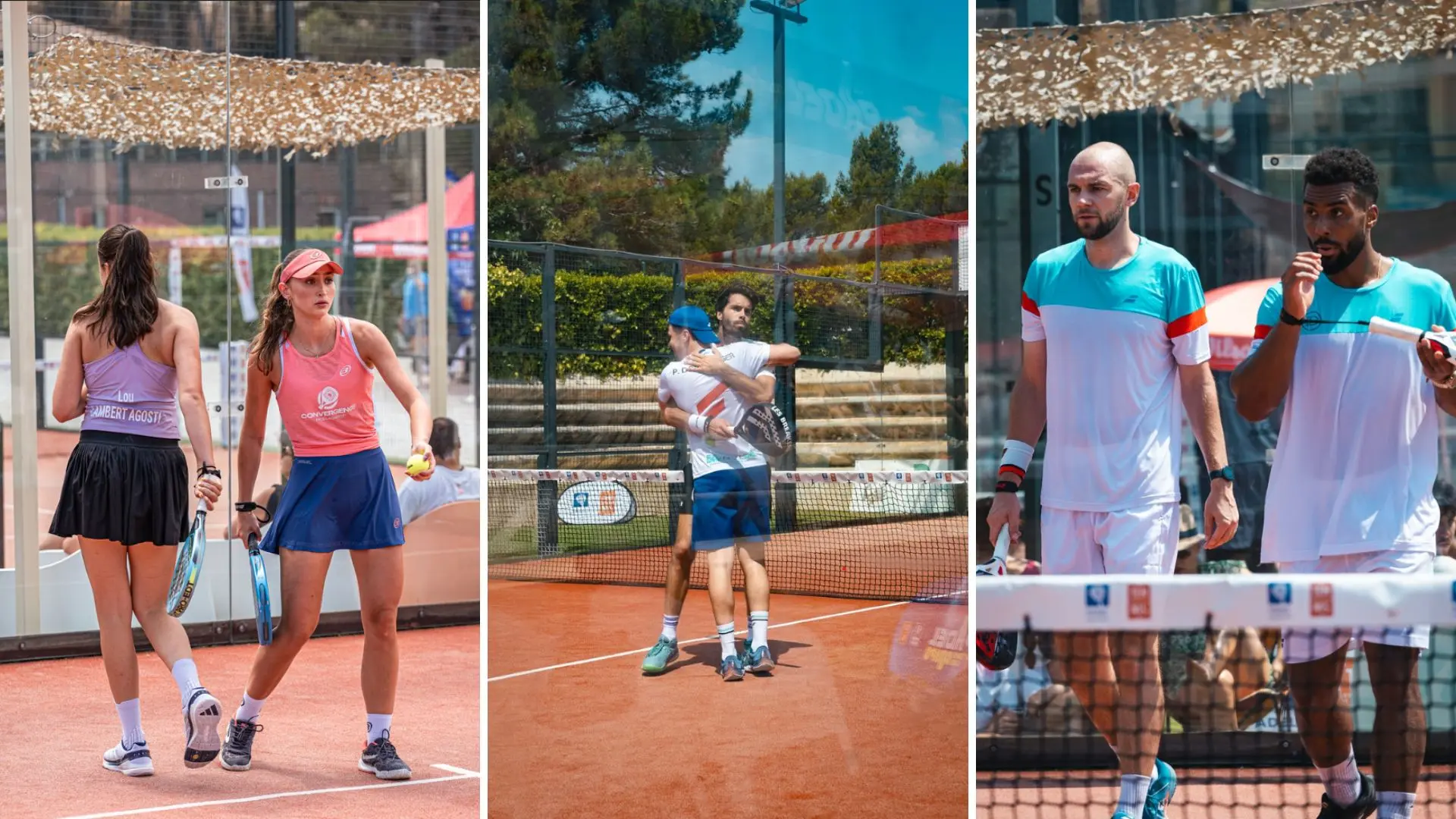 Triptych of tennis players on a clay court: left panel two women with rackets chatting, center panel two men embracing near the net, right panel two men standing by the net with rackets.
