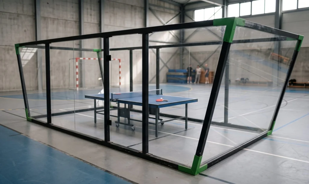 Indoor gym featuring a blue table tennis table inside a glass-walled enclosure, with people in the background.