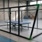 Indoor gym featuring a blue table tennis table inside a glass-walled enclosure, with people in the background.