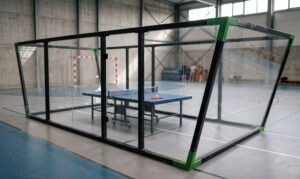 Indoor gym featuring a blue table tennis table inside a glass-walled enclosure, with people in the background.