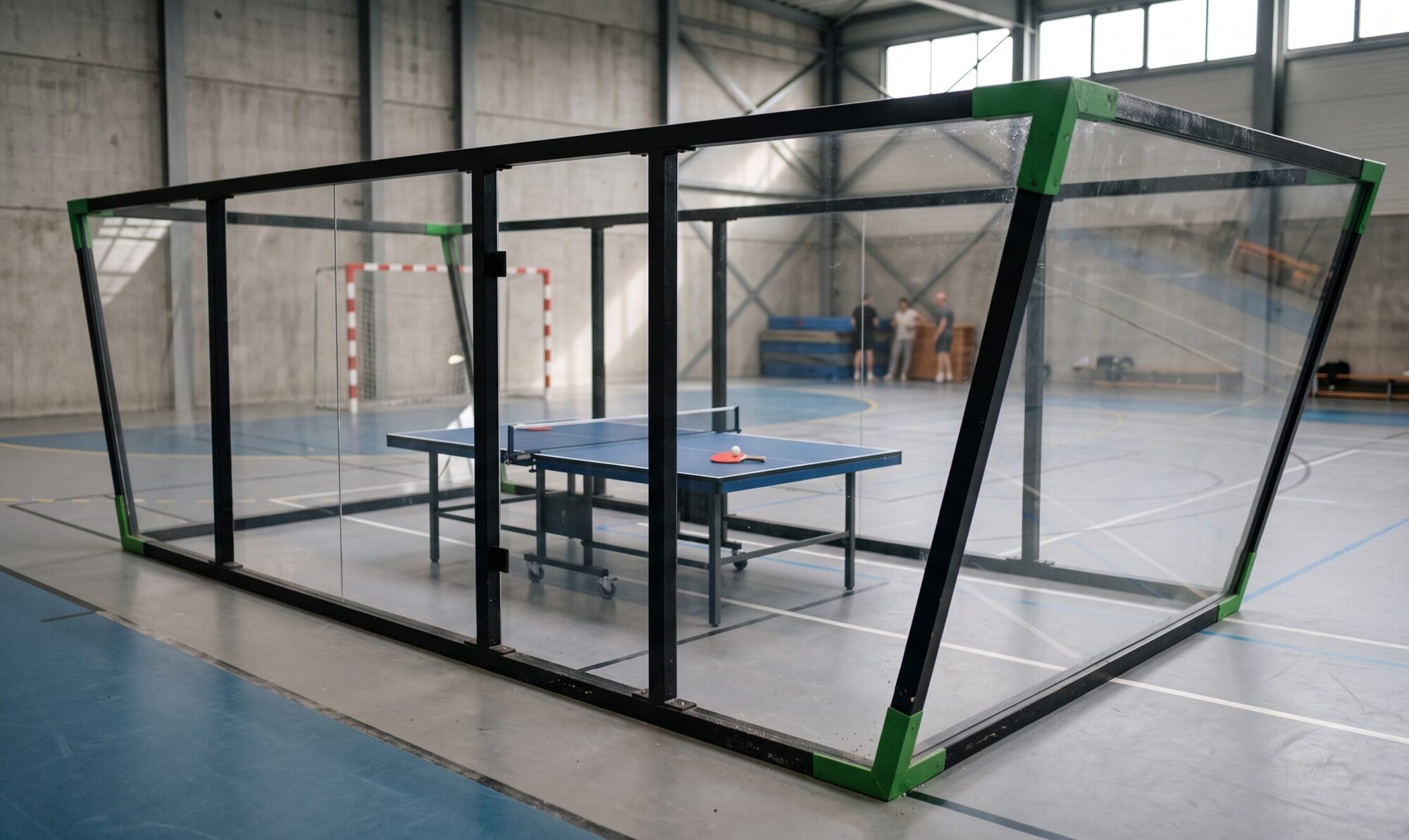Indoor gym featuring a blue table tennis table inside a glass-walled enclosure, with people in the background.