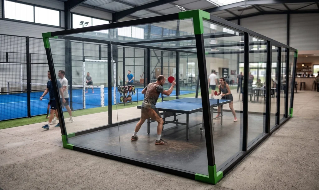 Two players engage in a table tennis match inside a glass-walled court, with others in the background on blue courts.