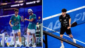 Two male padel players in teal shirts greet each other at the net on a blue court after a match, holding rackets and wristbands visible.