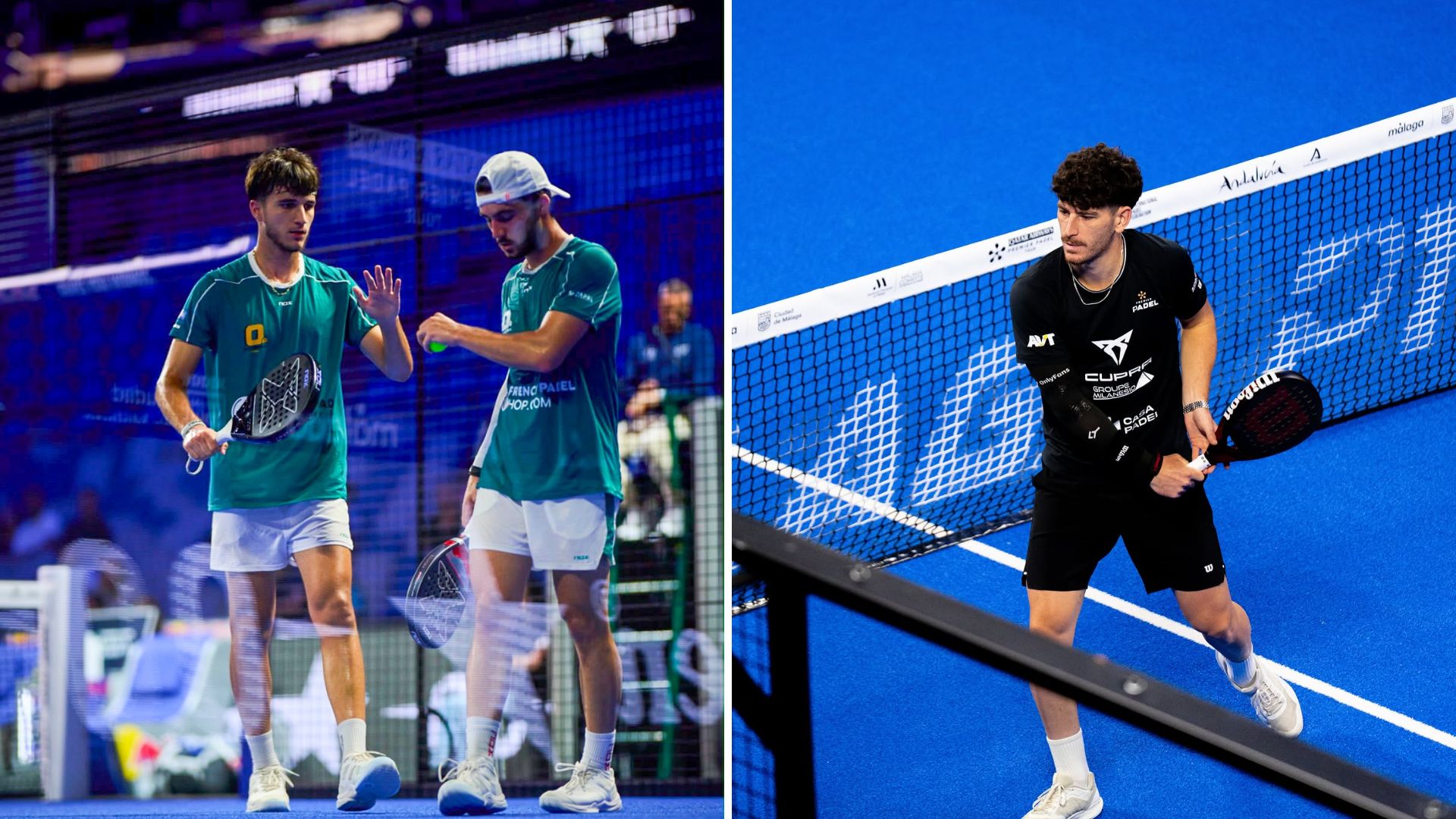 Two male padel players in teal shirts greet each other at the net on a blue court after a match, holding rackets and wristbands visible.