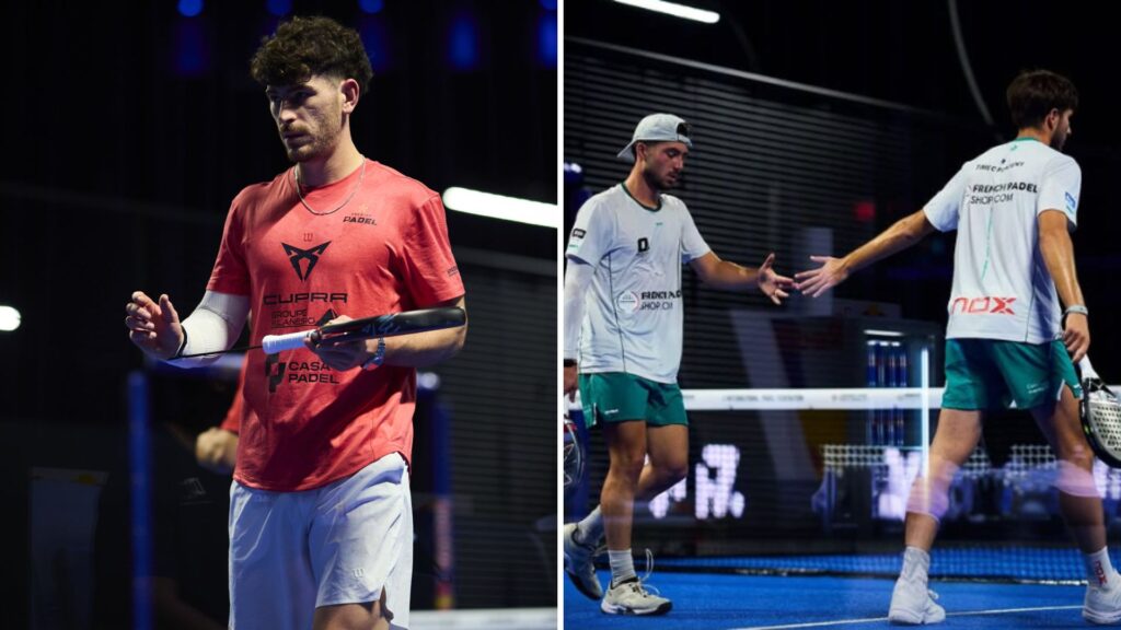 Male padel player in red shirt holding a paddle and preparing to hit a shot in an indoor court