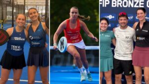 Collage of padel players: left two women with paddles on blue court; center woman in red mid‑air with paddle; right three people posing in front of a sponsor backdrop.