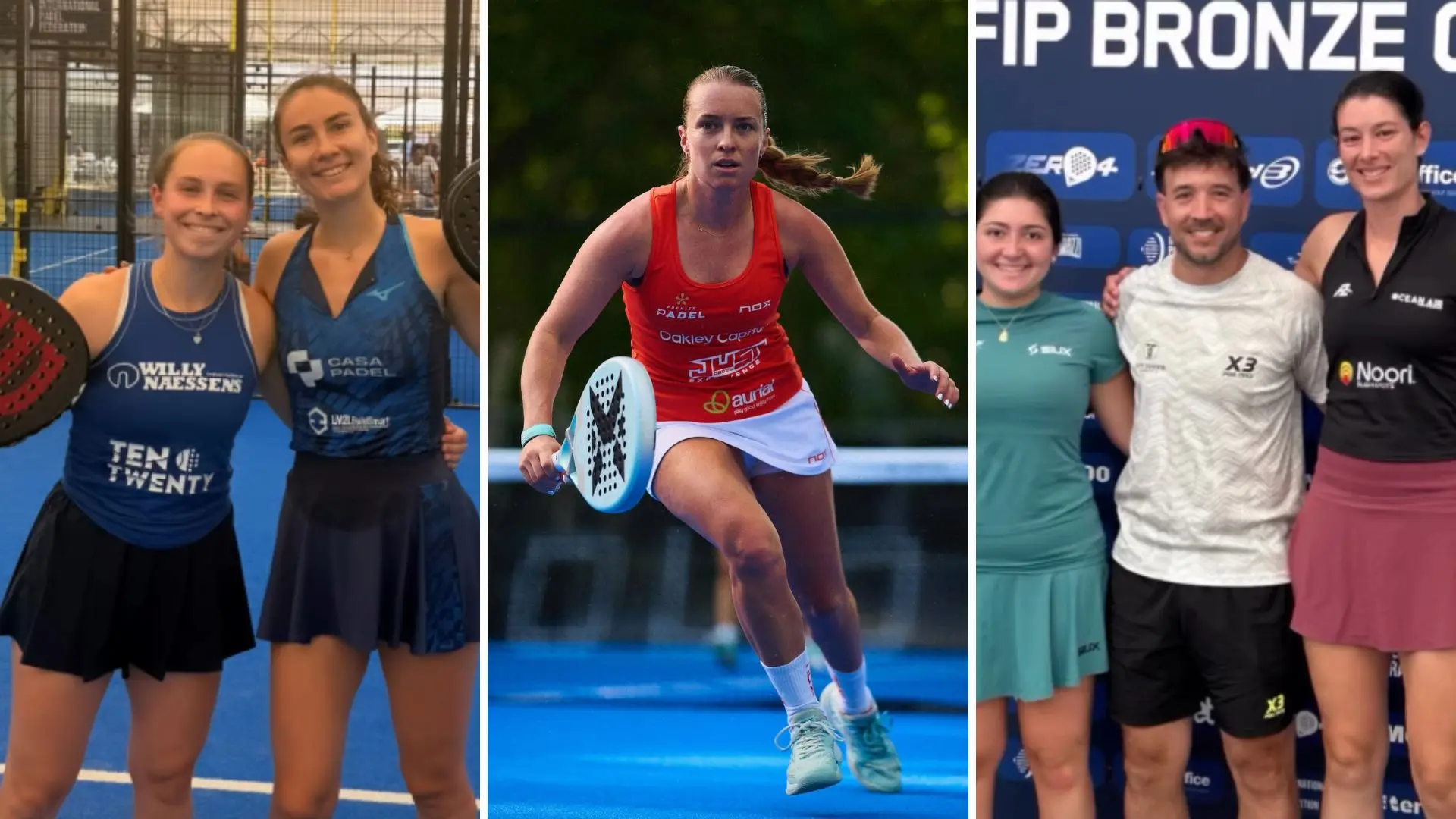 Collage of padel players: left two women with paddles on blue court; center woman in red mid‑air with paddle; right three people posing in front of a sponsor backdrop.