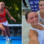Steffi Merah tout près dun premier titre au FIP Bronze Baku Touly stoppée en demi à Belfast | Padel Magazine Female padel player in a red tank top lunges to hit the ball on a blue court with a white paddle nearby (action shot).|2D