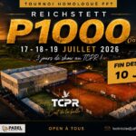 WhatsApp Image 2026-07-02 at 075912 | Padel Magazine Promotional poster for a tennis/padel tournament 'P1000' at TCPR, July 17–19, 2026, with a sunset stadium and bold gold text.
