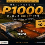 WhatsApp Image 2026-07-02 at 075912 | Padel Magazine Promotional poster for a tennis/padel tournament 'P1000' at TCPR, July 17–19, 2026, with a sunset stadium and bold gold text.