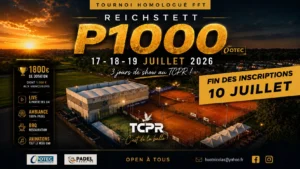 Promotional poster for a tennis/padel tournament 'P1000' at TCPR, July 17–19, 2026, with a sunset stadium and bold gold text.