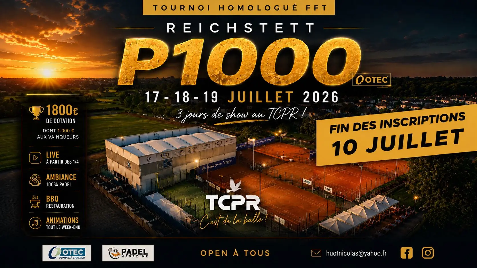 Promotional poster for a tennis/padel tournament 'P1000' at TCPR, July 17–19, 2026, with a sunset stadium and bold gold text.
