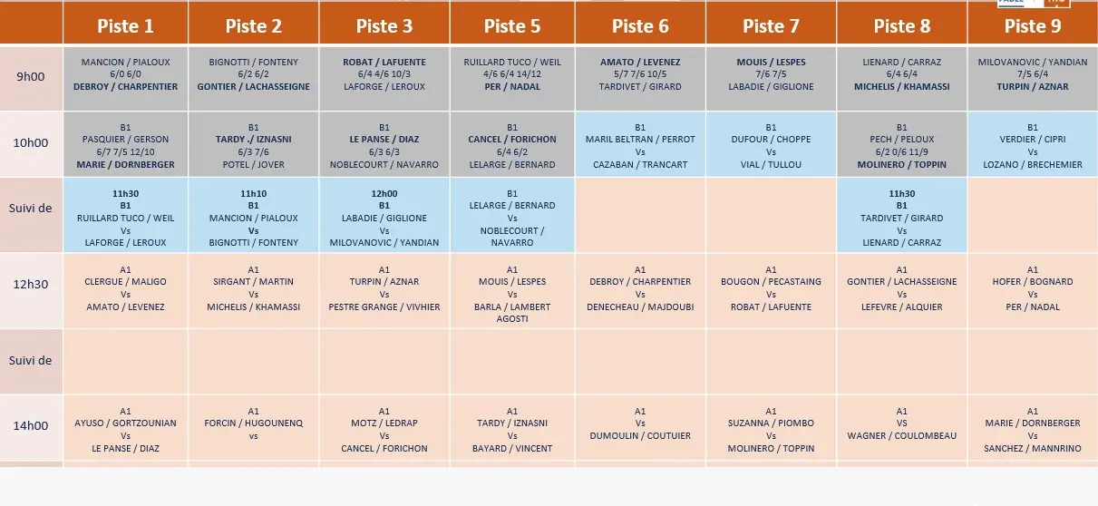 WhatsApp Image 2026-07-11 at 121441 | Padel Magazine Schedule grid for a multi-piste event with Piste 1 to Piste 9 and time slots (9h00, 10h00, 11h30, 12h30, 14h00), listing competing pairs in each cell.