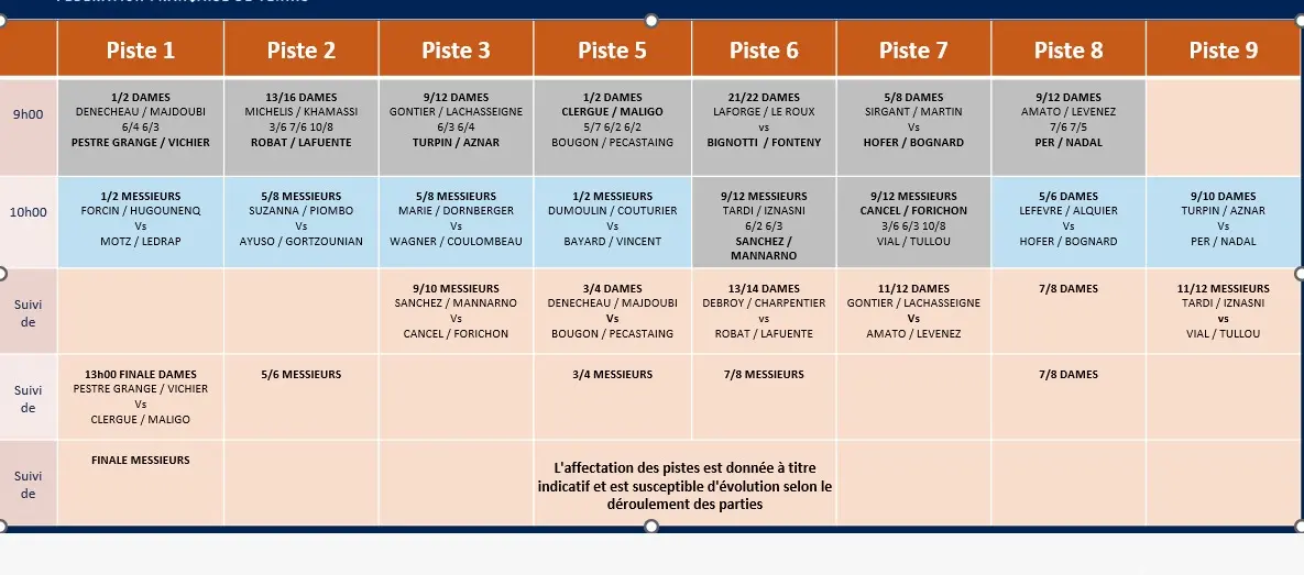 WhatsApp Image 2026-07-12 at 112942 | Padel Magazine Calendrier des matchs par piste 1 à 9, avec créneaux 9h00 et 10h00 et suivi des finales.