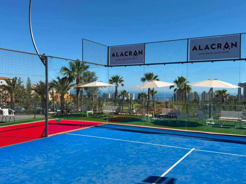 Utomhus padelbana med klarblå spelyta och rött område längs kanten, omgärdad av glasväggar och nät, med palmer och en kuststadssilhuett i bakgrunden.