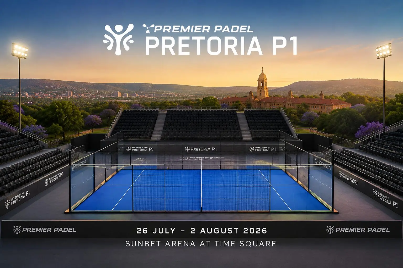 Padel court with blue glass walls and empty stands, branded Pretoria P1 tournament at Sunbet Arena, Time Square, sunset backdrop.