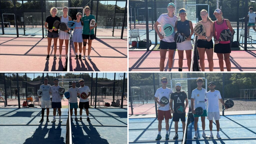 Group of players posing with paddles on a padel court, sunny day, four people in each image sectioned collage edge-to-edge side by side net in center for practice session/classic group photo.