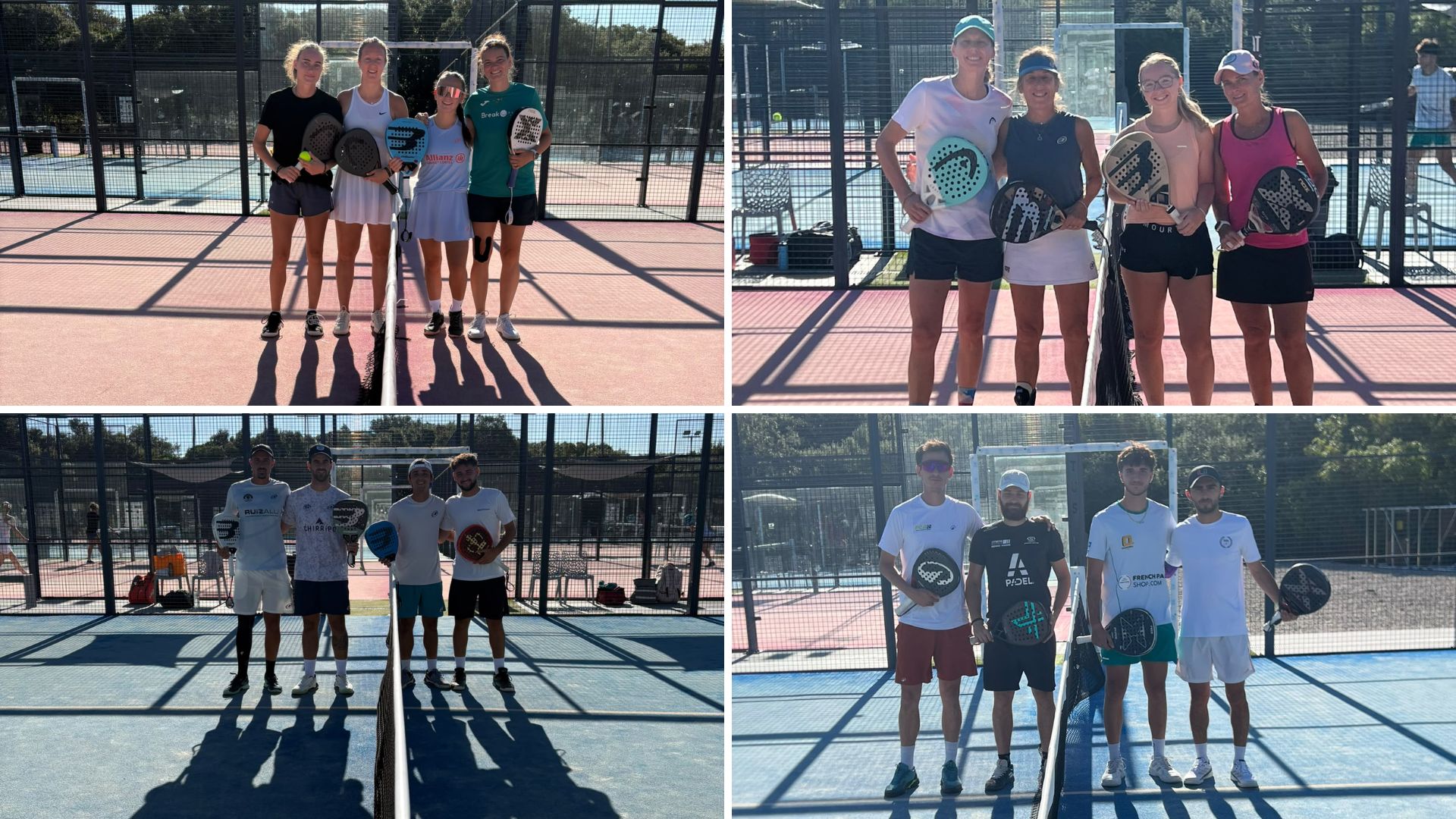 Group of players posing with paddles on a padel court, sunny day, four people in each image sectioned collage edge-to-edge side by side net in center for practice session/classic group photo.