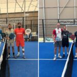 Five men stand on a blue indoor padel court posing with rackets by the net (left panel).