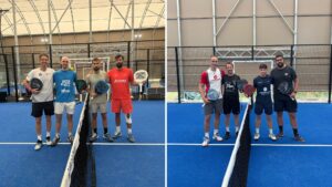 Five men stand on a blue indoor padel court posing with rackets by the net (left panel).