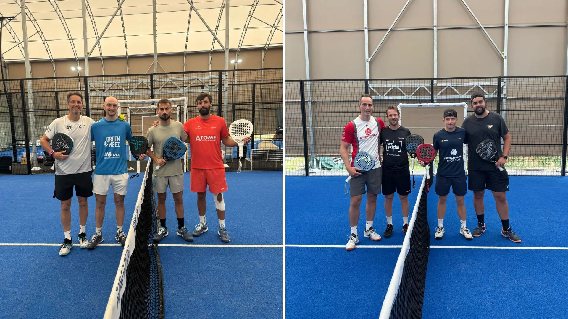 Five men stand on a blue indoor padel court posing with rackets by the net (left panel).