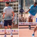 Split image of a padel match: left panel shows two men facing near the net, one in teal shirt and one in light gray; right panel shows a player in blue hitting the ball while an opponent in white watches.