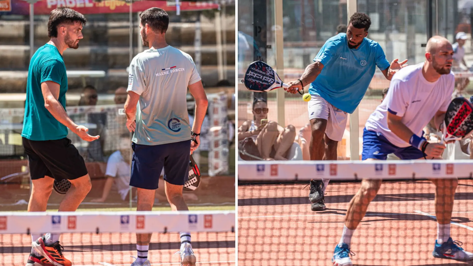 Split image of a padel match: left panel shows two men facing near the net, one in teal shirt and one in light gray; right panel shows a player in blue hitting the ball while an opponent in white watches.