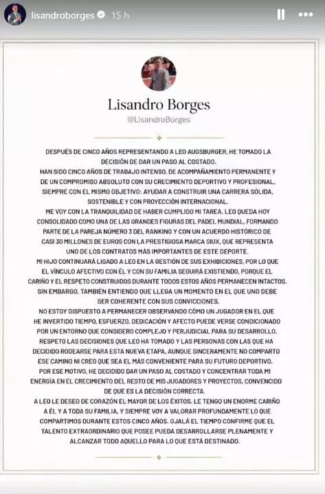Instagram post screenshot by Lisandro Borges showing a framed page with a long Spanish text about his career decisions and commitment to sport and family.
